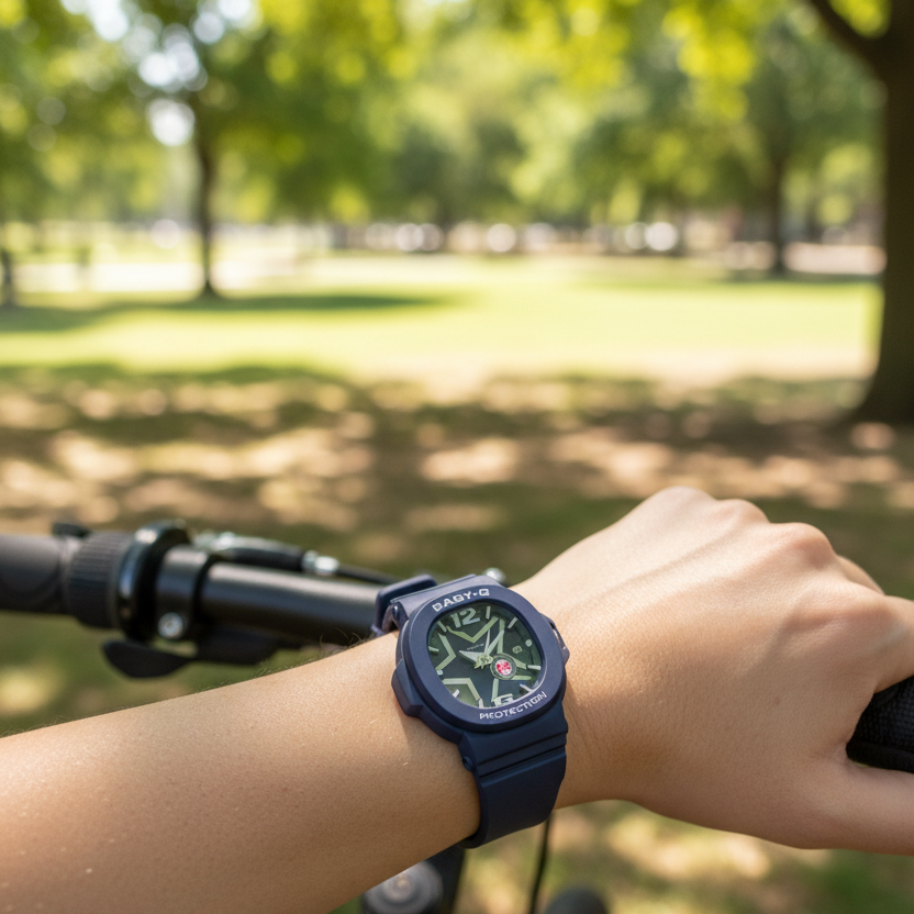 Reloj Casio Baby-G BGA-10D-2A1DR lifestyle con bicicleta